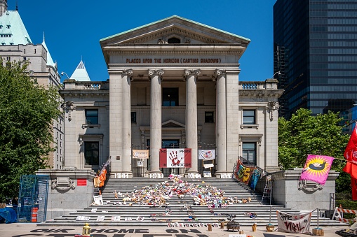 Vancouver, British Columbia - July 23, 2022: Symbols left at the Vancouver Art Gallery in memory of children died at the Kamloops Residential School.