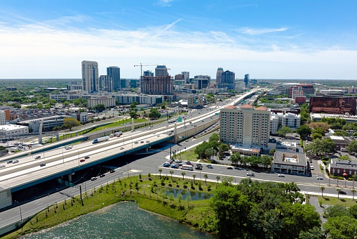 View of Downtown Orlando over the huge transport junction with highways, and multiple overpasses.