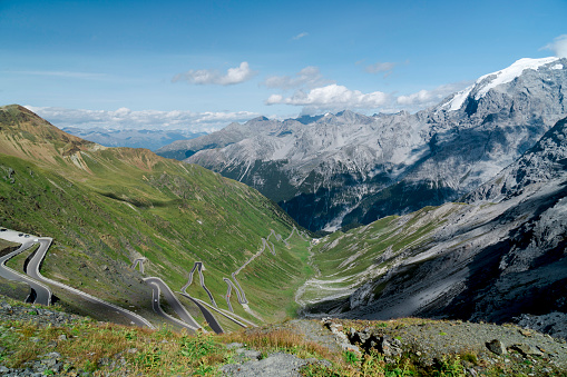 Stelvio pass in Italy, Ortler Alps, Italy. Curvy road through mountains.