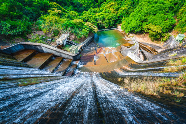Landscape view of Sri Nakarin Dam is a water storage dam for electricity generation and agriculture in the middle of a valley in Kanchanaburi, Thailand.