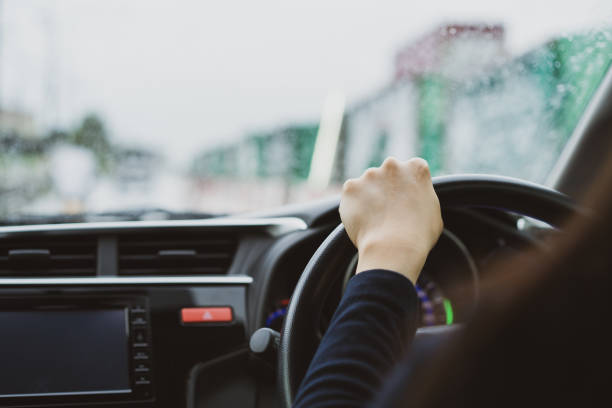 istock Woman driving in the rain. 1417037900