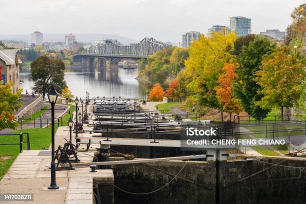 Rideau Canal Rideau Waterway Autumn Scenery Fall Foliage In Ottawa Alexandra Bridge Stock Photo - Download Image Now