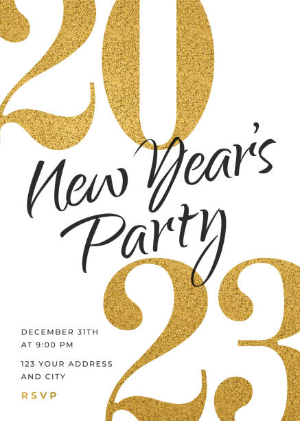 ilustraciones, imágenes clip art, dibujos animados e iconos de stock de 2023 - plantilla de diseño de invitación a fiesta de año nuevo de vacaciones. - tarjeta de año nuevo