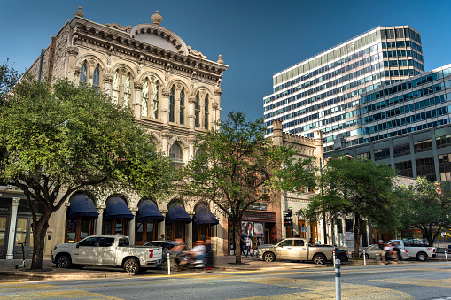 Austin, Texas, USA - November 15, 2021:  Historic buildings along Congress Avenue in the capital of Texas Austin USA