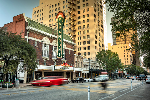 Austin, Texas, USA - November 15, 2021:  Historic buildings and the Paramount Theatre along Congress Avenue in the capital of Texas Austin USA