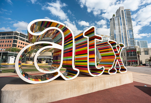 Austin, Texas, USA - November 15, 2021:  Colourful three dimensional Austin Texas USA street sign art sculpture