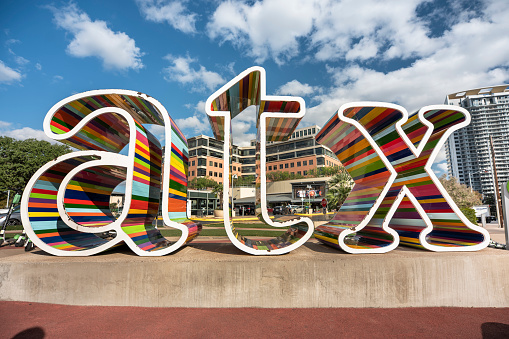 Austin, Texas, USA - November 15, 2021:  Colourful three dimensional Austin Texas USA street sign art sculpture