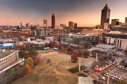Atlanta, Georgia, USA  November 28, 2019:  Downtown city skyline view of Atlanta Georgia USA looking over Centennial Olympic Park
