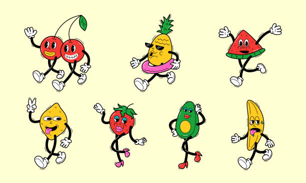 cartoon characters fruits and berries vector art illustration