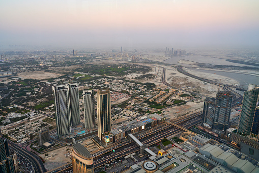 Dubai, United Arab Emirates - June 03, 2022: aerial view of skyscrapers and commercial development in down-town Dubai.