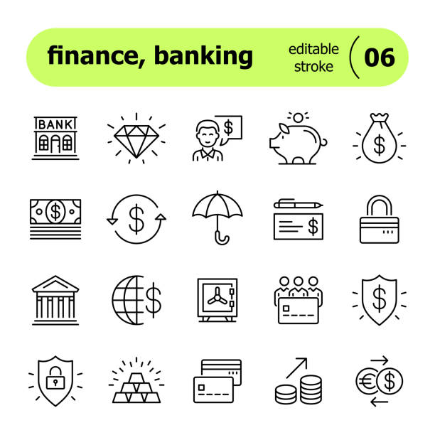 금융 및 은행 라인 아이콘 - money bag symbol check banking stock illustrations