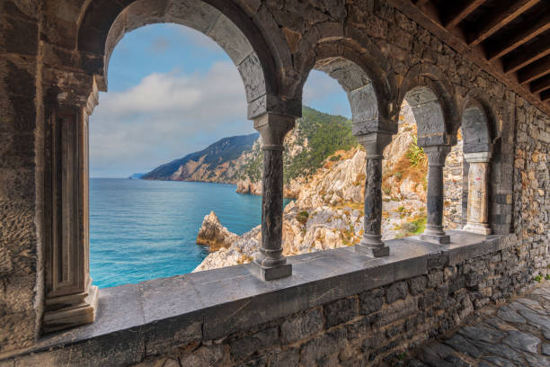 Porto Venere, Italy Coastal Views Porto Venere, Italy coastal views from the arcades of St. Peter Church. church of san pietro photos stock pictures, royalty-free photos & images