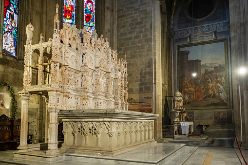 Marble ark of St. Donatus sculpted in Gothic style by various artists in the 14th century, located in the polygonal apse of the Cathedral of Arezzo