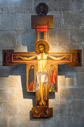 Crucifix by Margaritone d'Arezzo dated 1200s in the Santa Maria delle Pieve, church in the old town of Arezzo