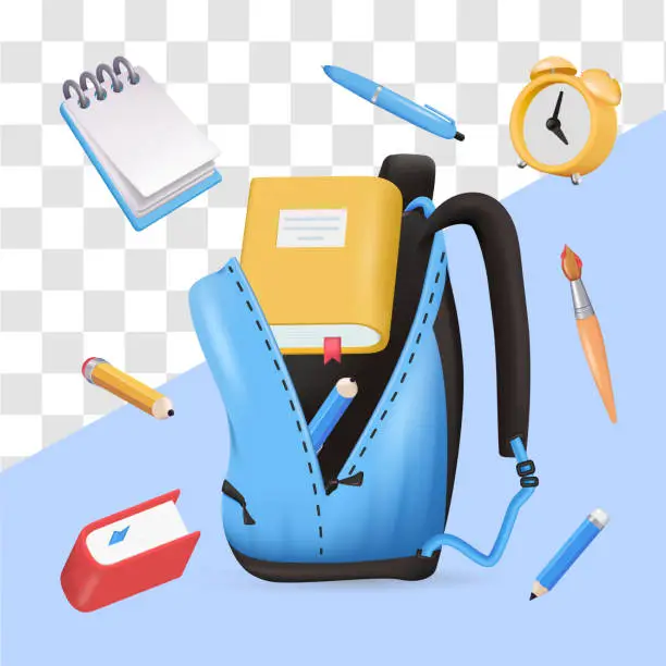 Vector illustration of education, school backpack with pencils, books, notepads. learning, 3d icons for learning.