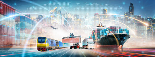 istock Global Business Network Distribution and Technology Digital Future of Cargo Containers Logistics Transport Concept, Double Exposure of Freight Ship, Modern Futuristic Transportation Import Export 1417049074