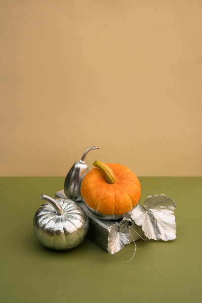 istock Modern still life with various pumpkins decorated in silver on a podium made of bricks 1417050140