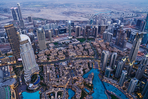 Dubai, United Arab Emirates - June 03, 2022: aerial view of Address Downtown, a large skyscraper built by Emaar Properties, hosting an hotel and residential units.