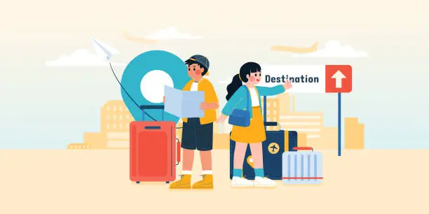 Vector illustration of People Get Off From Airplane And Looking For Destination From Map, Vector, Illustration