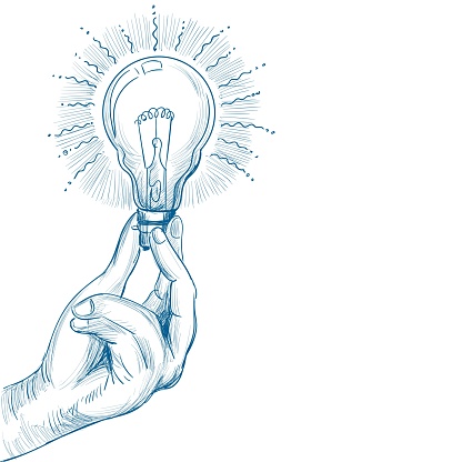 Hand drawn new idea concept with hand holding light bulb sketch
