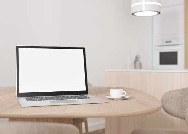 istock Laptop with blank white screen, on wooden table at home. Computer mock up. Free, copy space for app, game, web site presentation. Empty laptop screen ready for your design. Modern interior. 3D render. 1417058288