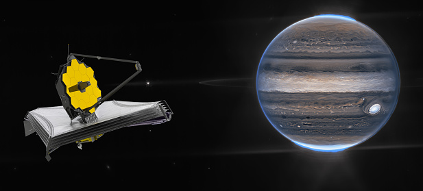 James Webb Space Telescope looking at Jupiter planet. Astronomy science. This image elements furnished by NASA: https://blogs.nasa.gov/webb/wp-content/uploads/sites/326/2022/08/JWST_2022-07-27_Jupiter_2color.png