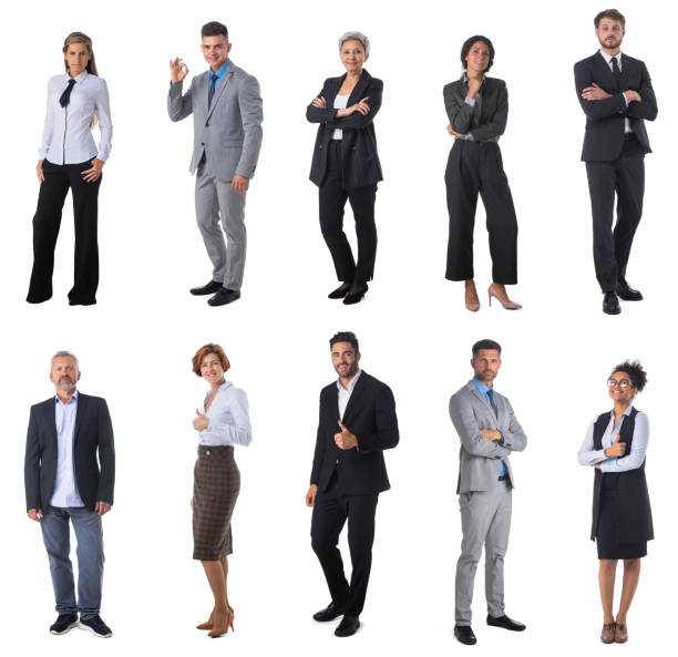 Business people full portraits on white Set collection group of multi ethnic business people full length portraits standing isolated over white background design elements businesswear stock pictures, royalty-free photos & images