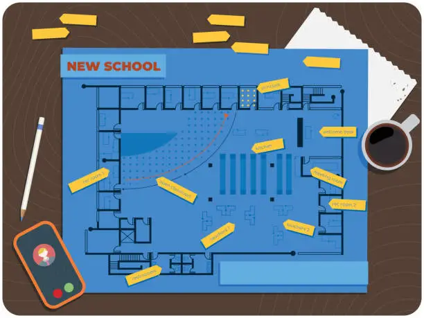 Vector illustration of BACK TO SCHOOL Overhead Desk View - New School Floor Plan Print - School Supplies on Table