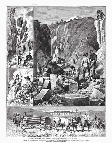 Historical view of the quarries in Santa Croce near Trieste, Italy (former Austria-Hungary): 1) View of the large quarry with the elevator; 2) Punching holes for the blast; 3) A blast; 4) Transport of processed stones to the railway. Wood engravings after drawings by Friedrich Schlegel (Austrian painter and illustrator, 1865 - 1935), published in 1885.