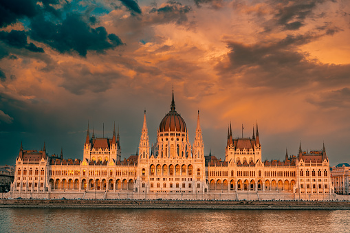 The Hungarian Parliament building at sunset. Budapest, Hungary, Europe