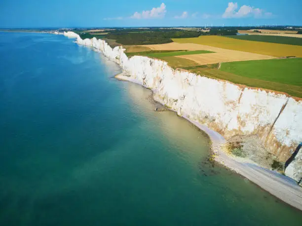 Picturesque panoramic landscape of white chalk cliffs near Mers-les-Bains, Somme, Hauts-de-France department of Normandy in France