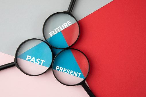 Past, present and future words inside of magnifying glass on multi colored background
