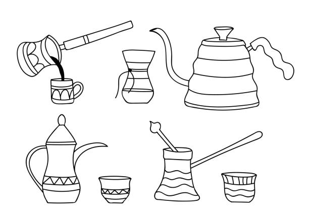 Coffee pots and cup doodle illustrations collection. Hand drawn eastern coffee pot and cup illustrations set in vector. Coffee pots icons set. Copper cezve doodle illustrations Coffee pots icons set. Copper cezve doodle illustrations. Coffee pots and cup doodle illustrations collection. Hand drawn eastern coffee pot and cup illustrations set in vector. cezve stock illustrations