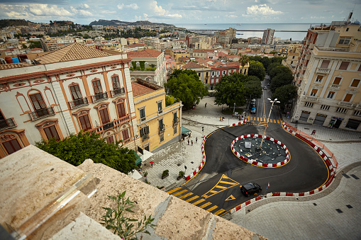 The beautiful view from the arenas de Barcelona (the old Bullring), towards the Montjuic, the National Museum of Catalan art Palau, the amazing fountains, the Venetian tower, Plaza Spain, Catalonia Spain