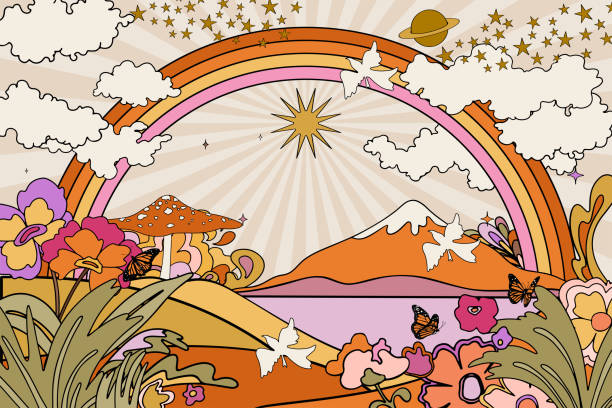 пейзажный плакат хиппи. цветы, облака, солнце и радуга. винтажный принт в стиле 70-х - cloud mushroom fungus cartoon stock illustrations