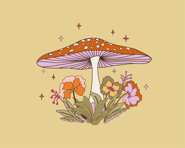 サイケデリックなキノコと花。ヴィンテージスタイルのプリント - magic mushroom psychedelic mushroom fungus点のイラスト素材／クリップアート素材／マンガ素材／アイコン素材
