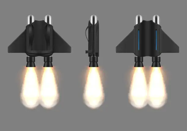Vector illustration of Jetpack launching fire flame futuristic device for flying front side back view set realistic vector