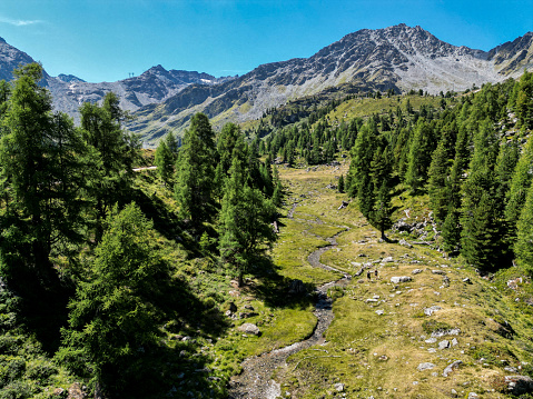 Aerial drone view of a beautiful mountain valley in the Swiss Alps, in Canton Valais, near the ski resort of Verbier. The scenic summer landscape is a popular destination for hikers and mountain bikers, enjoying the well formed tracks through the steep mountain range. Tall fir trees line a mountain stream, where two hikers are trekking.