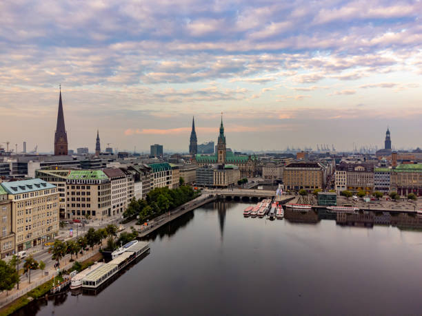 Germany - Hamburg town hall and Alster Lake. Drone shot.