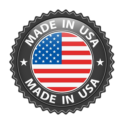 Made in USA badge vector. Sticker with stars and national flag. Sign isolated on white background.