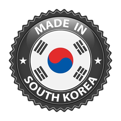 Made in South Korea badge vector. Sticker with stars and national flag. Sign isolated on white background.