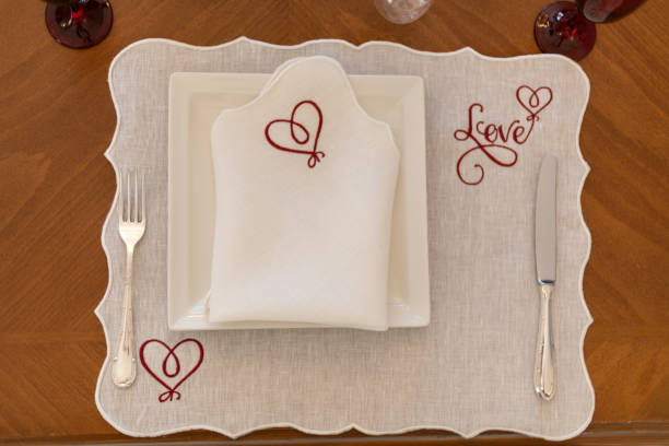 Valentine's themed serving plate and napkin holder, Close-up Video of Dinner Table with Empty Heart and Roses, Slow motion video of empty valentine's table during the Pandemic, dinner table service, serving cutlery and plates at the dinner table