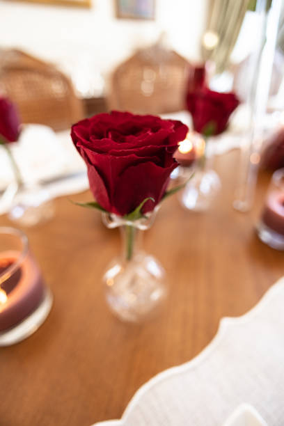 istock Valentine's themed serving plate and napkin holder, Close-up Video of Dinner Table with Empty Heart and Roses, Slow motion video of empty valentine's table during the Pandemic, dinner table service, serving cutlery and plates at the dinner table 1417083733
