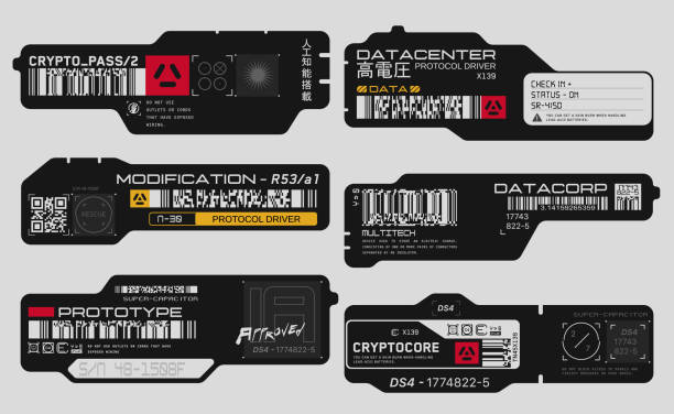 사이버펑크 데칼 세트. 미래 지향적 인 스타일의 벡터 스티커 및 레이블 세트. - sports danger stock illustrations