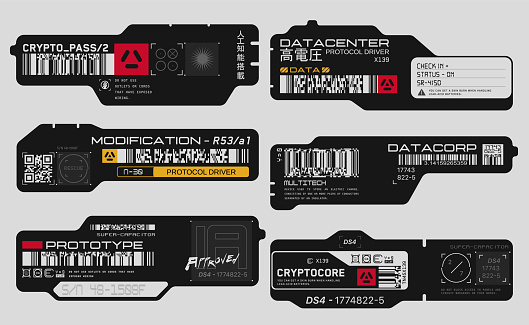 Cyberpunk decals set. Set of vector stickers and labels in futuristic style. Inscriptions and symbols, Japanese hieroglyphs for danger, attention, AI controlled, high voltage, warning.