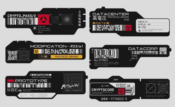 Cyberpunk decals set. Set of vector stickers and labels in futuristic style. Cyberpunk decals set. Set of vector stickers and labels in futuristic style. Inscriptions and symbols, Japanese hieroglyphs for danger, attention, AI controlled, high voltage, warning. cyberpunk stock illustrations
