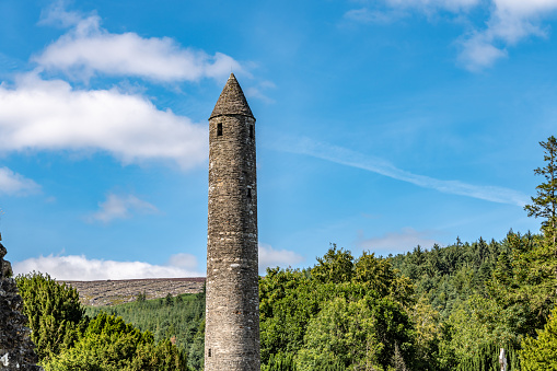 St Kevin's Church and Glendalough Tower in Wicklow Mountains, Ireland