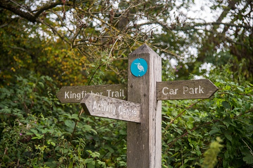 Direction signs in a Cambridgeshire nature reserve at Fen Drayton.