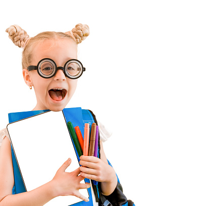 Funny Smiling Young Cute Nerd Girl Holding Tablet and Marker on White Background