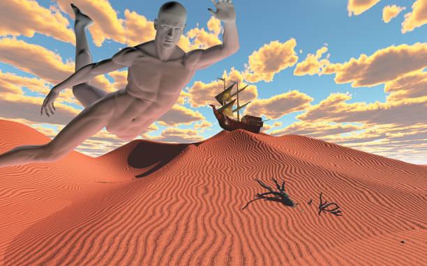 istock Human figure and sailing ship in sky 1417091584